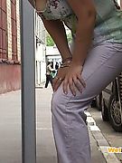Chickie wets her white pants behind a bus as wants to pee desperately