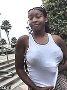 Busty Black Flasher - spectacular black tits exposed outdoors on LA street! Ebony exhibitionist bares big titties in public!